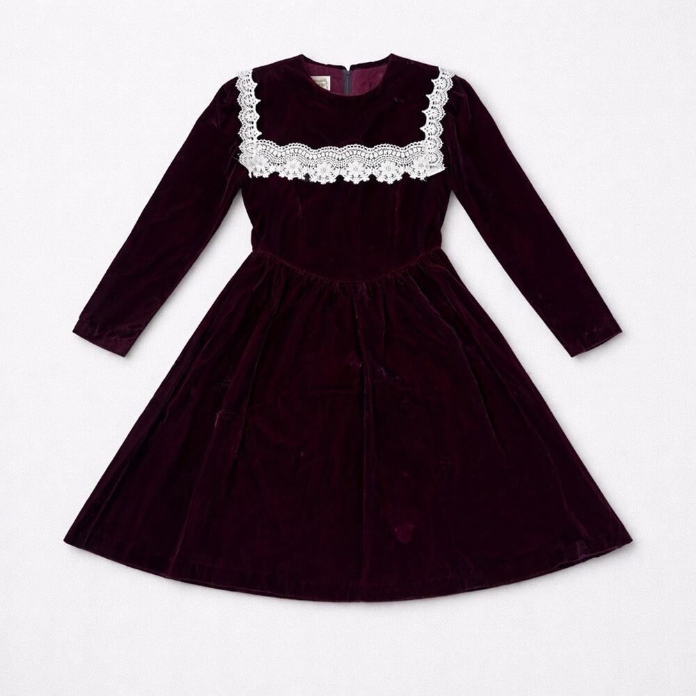 Vintage Gunne Sax Jeunes Filles Plum Velvet Lace‎ Bib Dress Girls Size 7